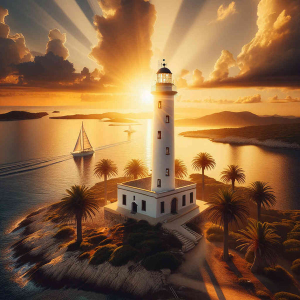 White lighthouse, sunset — Diamond Painting Kit design