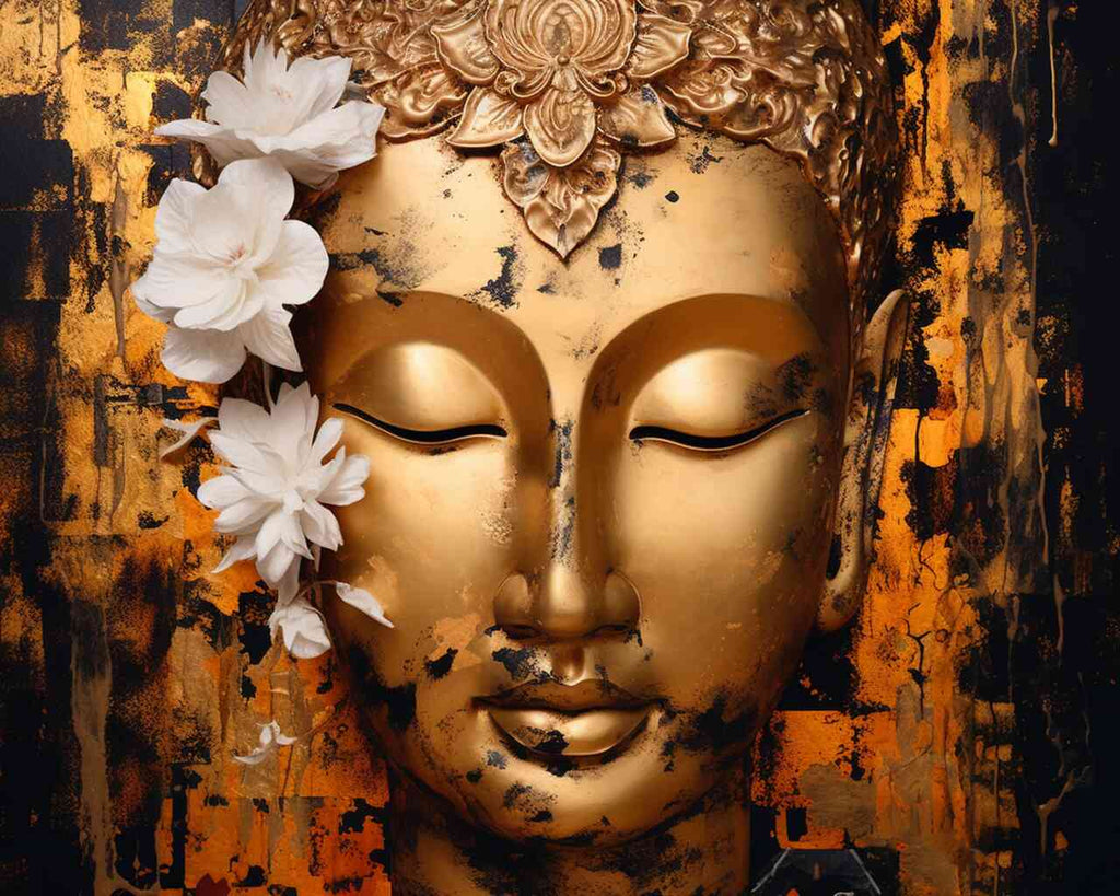 DIY diamond painting featuring Buddha's serene face with gold, black, and orange backdrop, embellished with white flowers.