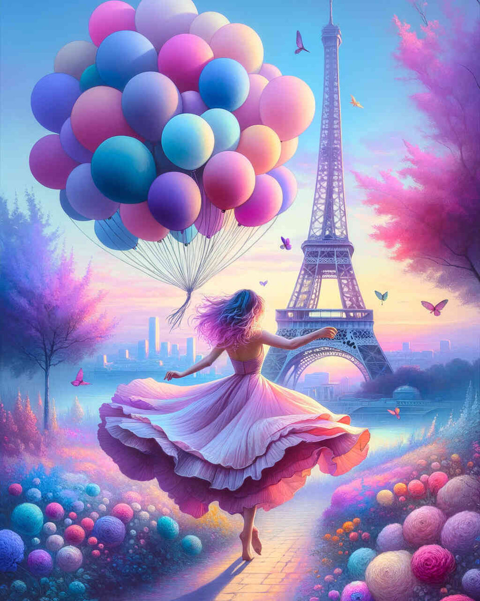 Light as a feather: woman with balloons at the Eiffel Tower — Diamond Painting Kit design