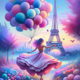 Light as a feather: woman with balloons at the Eiffel Tower — Diamond Painting Kit design