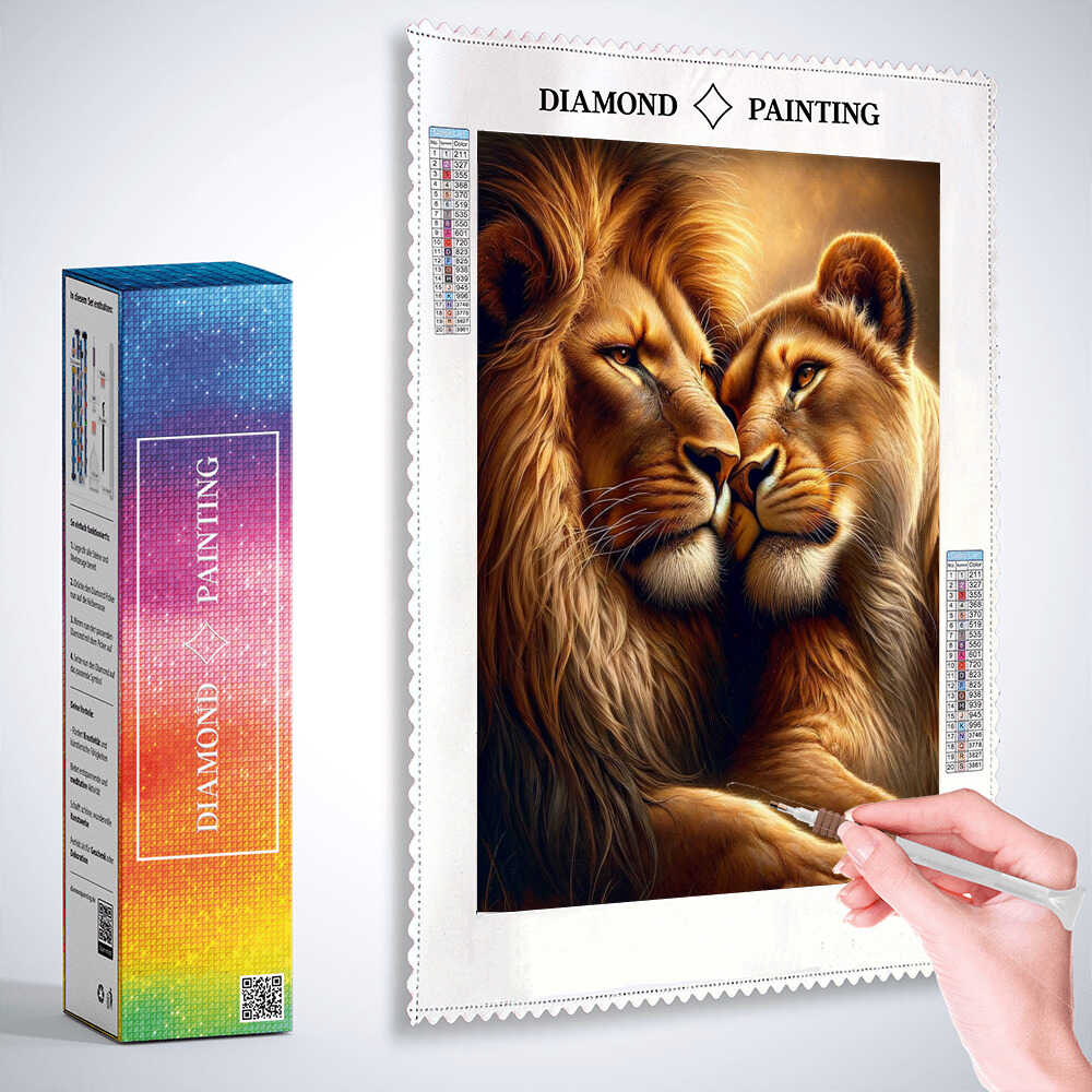 Cuddling lion couple — Diamond Painting Kit, product view 3