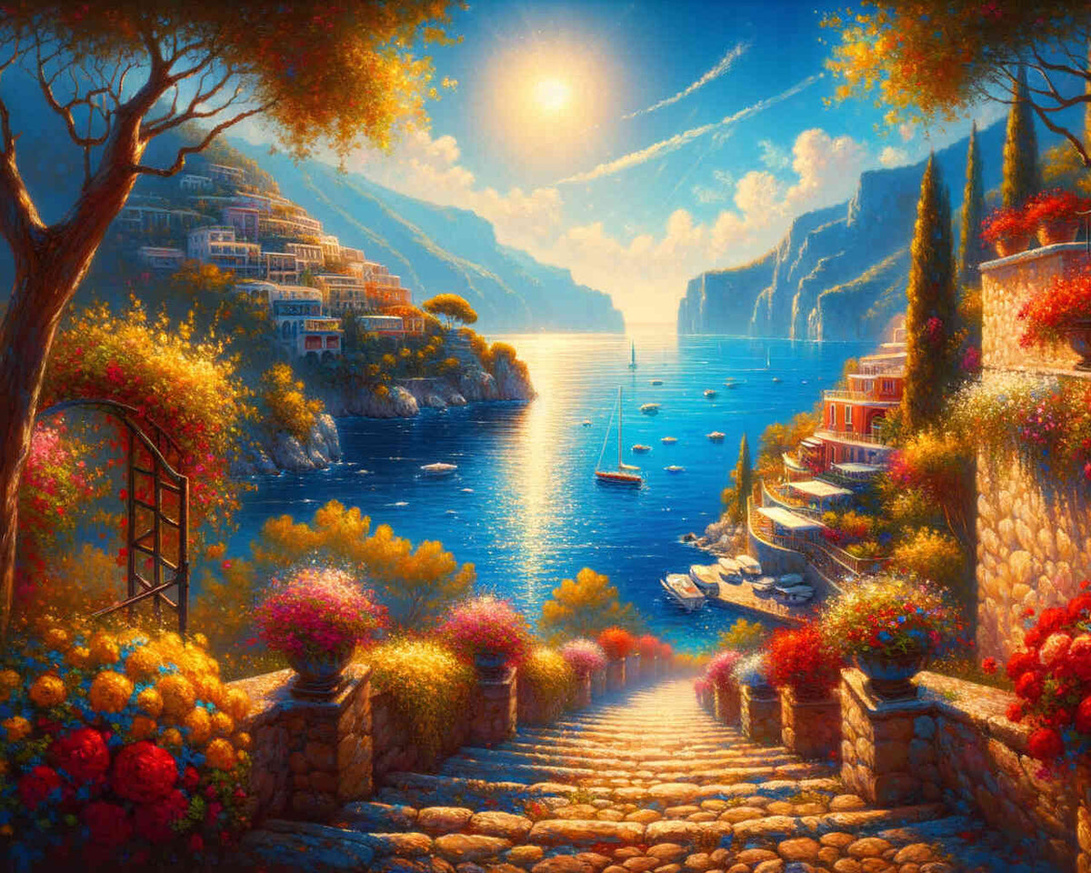 Romantic view of a Mediterranean bay — Diamond Painting Kit design