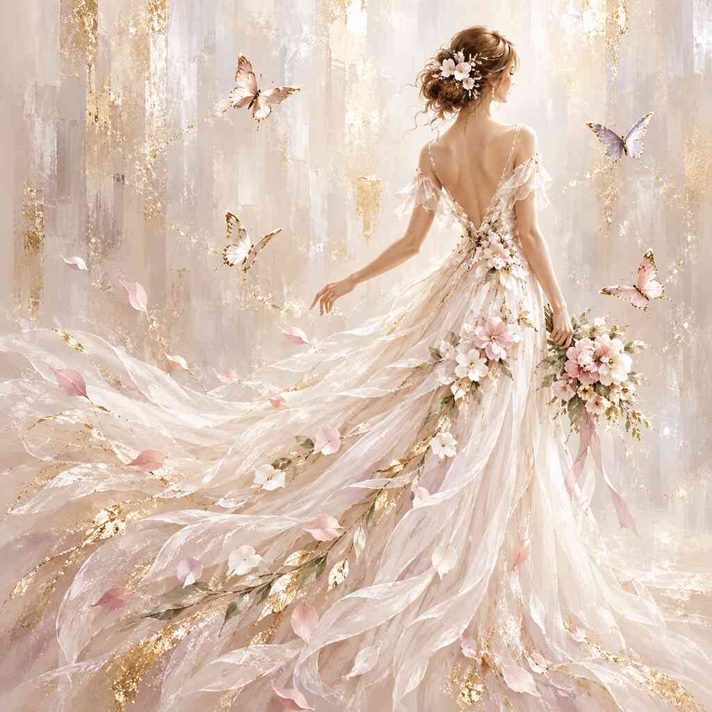 Woman with white dress, butterflies and flowers — Diamond Painting Kit design