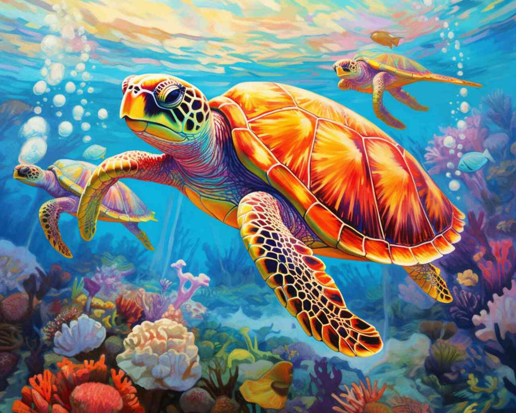 Vibrant DIY Diamond Painting featuring a radiant sea turtle gliding through a colorful underwater world of coral and marine flora.