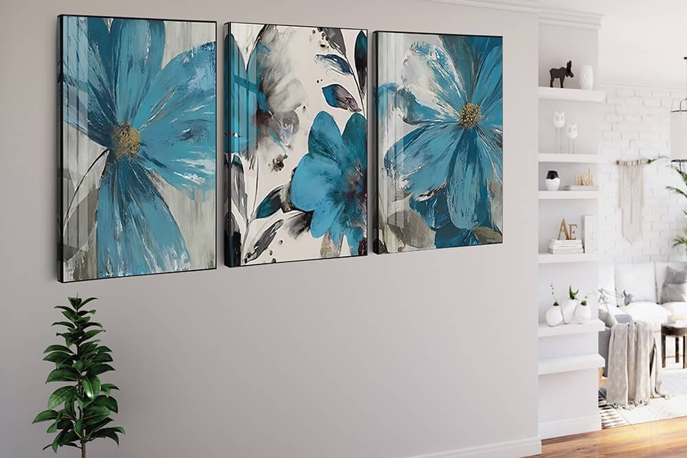 Three Blue Flowers — 3-Panel Diamond Painting Kit, product view 2