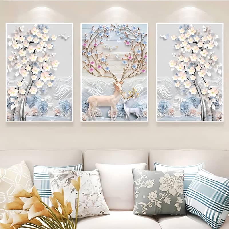 Deer and Flowers in Pastel — 3-Panel Diamond Painting Kit design