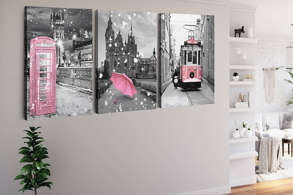 Landmarks in Black, White and Pink — 3-Panel Diamond Painting Kit, product view 2