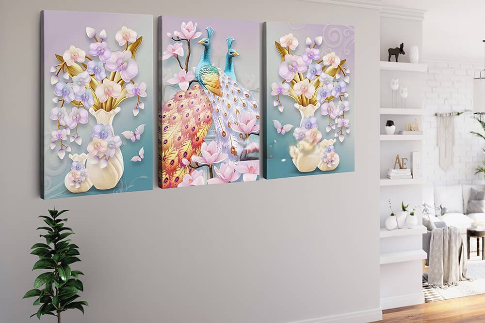Peacocks and Flowers in Vases — 3-Panel Diamond Painting Kit, product view 2