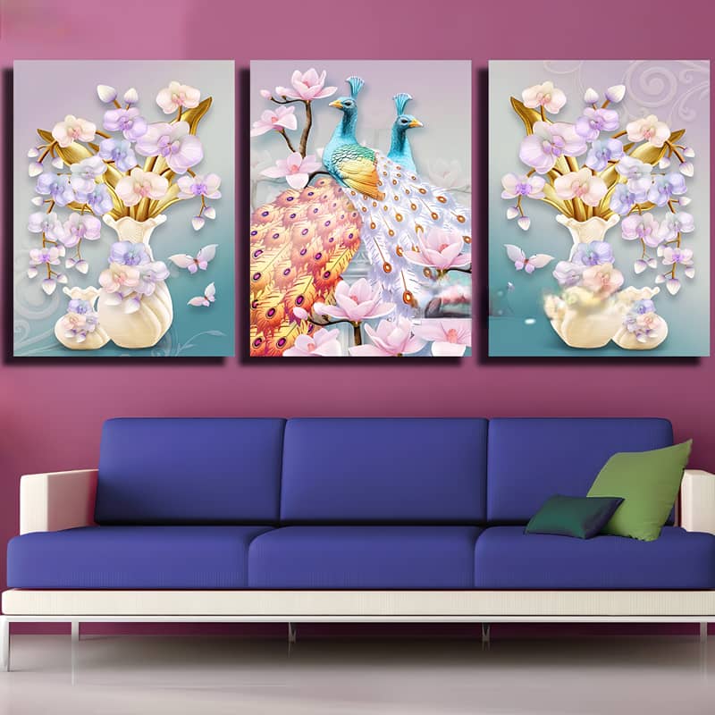 Peacocks and Flowers in Vases — 3-Panel Diamond Painting Kit design