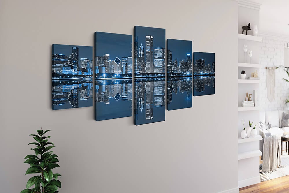 Blue illuminated skyline — 5-Panel Diamond Painting Kit, product view 2