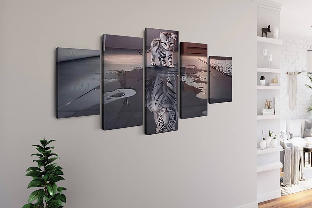 Little Cat, White Tiger, Mirror Image in Black and White — 5-Panel Diamond Painting Kit, product view 2