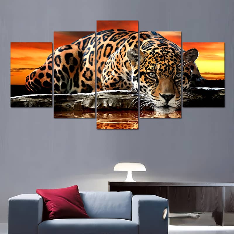 Lying leopard, in front of the sunset — 5-Panel Diamond Painting Kit design