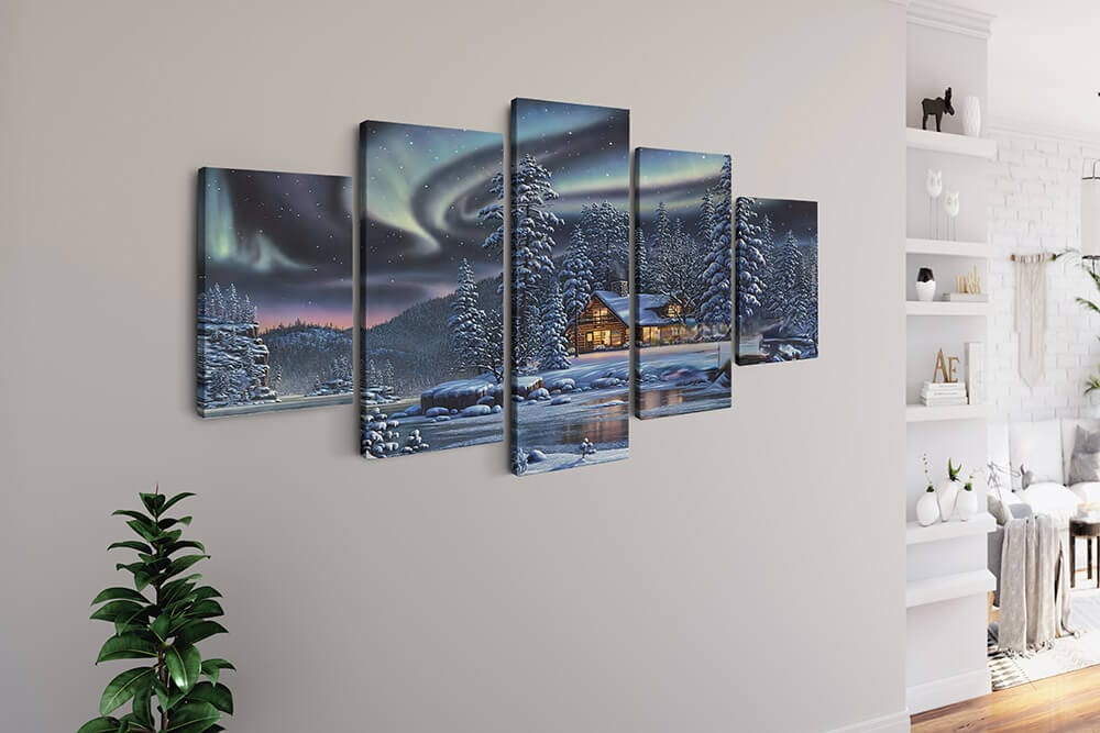 Northern lights in winter forest, house by the river — 5-Panel Diamond Painting Kit, product view 2
