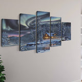 Northern lights in winter forest, house by the river — 5-Panel Diamond Painting Kit, product view 2