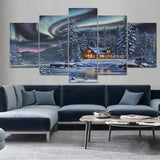 Northern lights in winter forest, house by the river — 5-Panel Diamond Painting Kit design