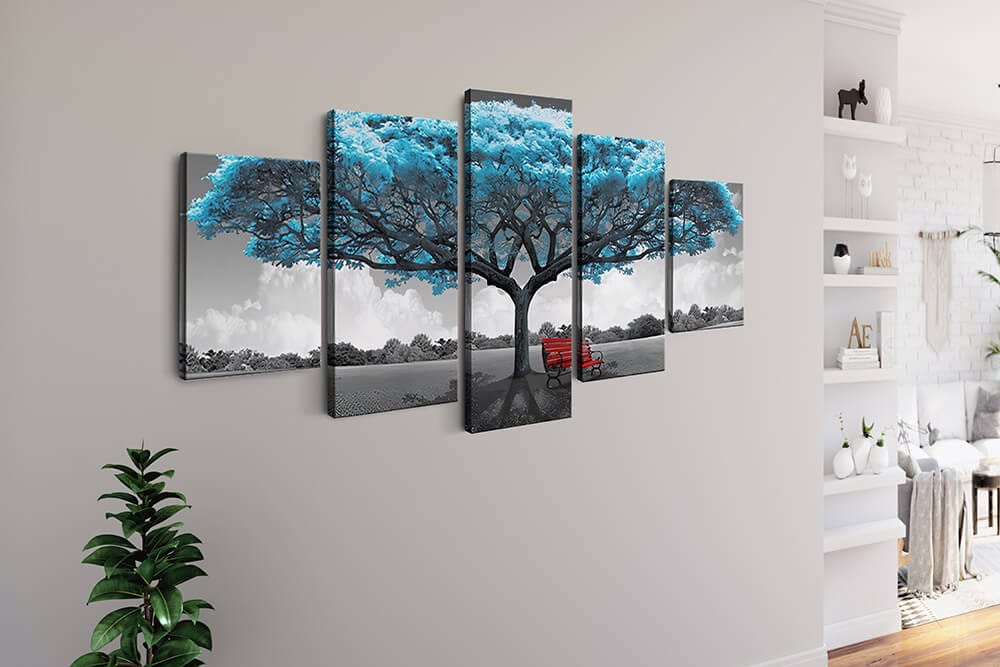 Turquoise tree with red bench — 5-Panel Diamond Painting Kit, product view 2