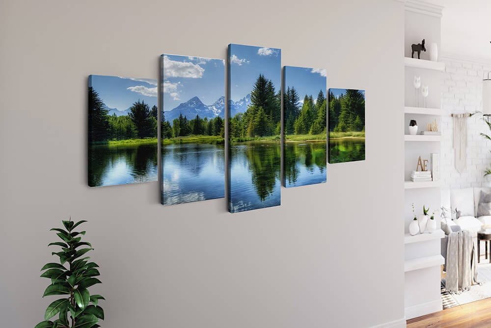 Forest lake in the mountains, blue sky — 5-Panel Diamond Painting Kit, product view 2