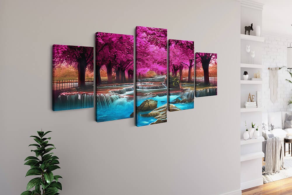 Waterfall among Pink Trees — 5-Panel Diamond Painting Kit, product view 2