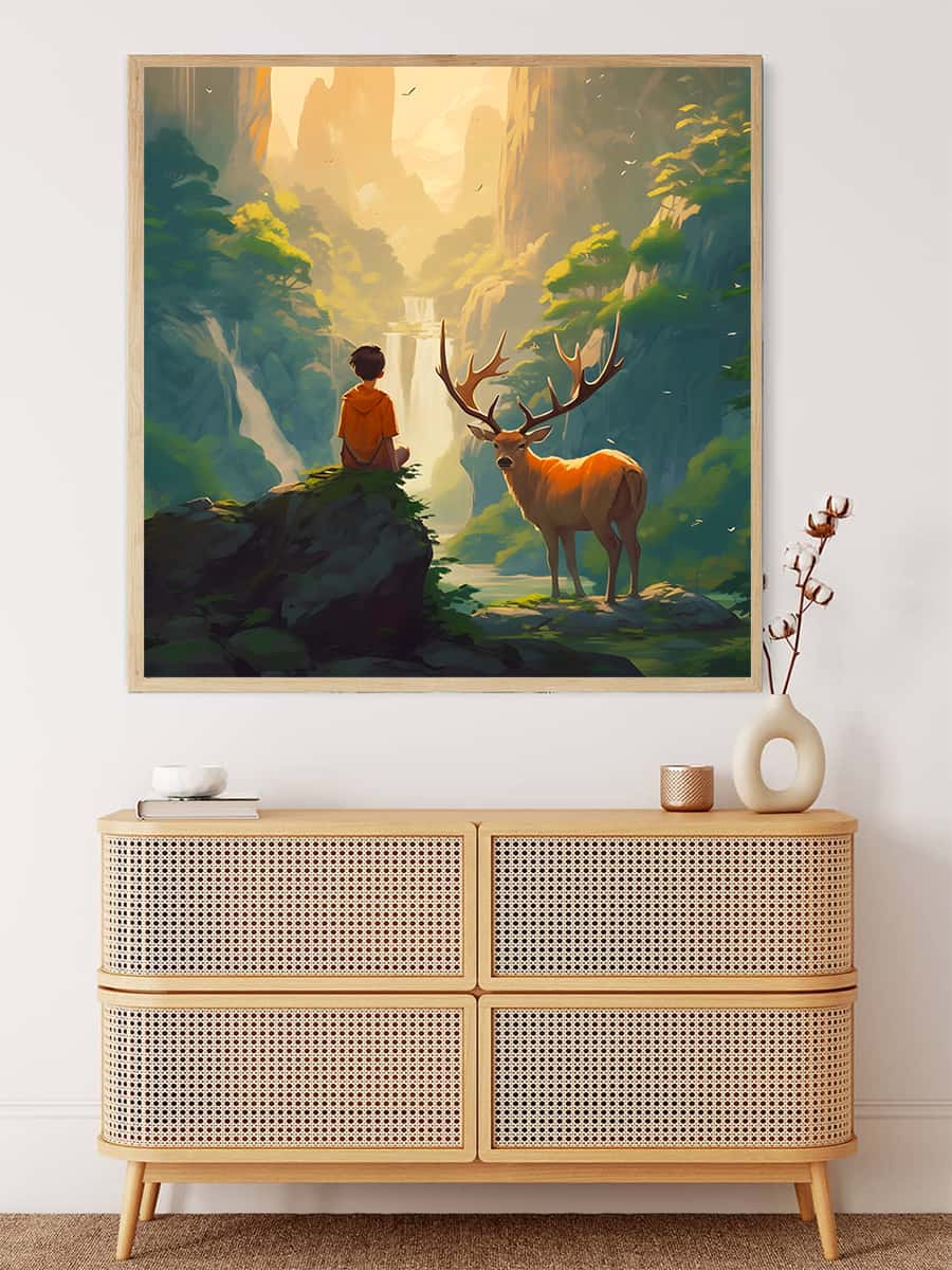 Boy with deer in the forest — Diamond Painting Kit, product view 3