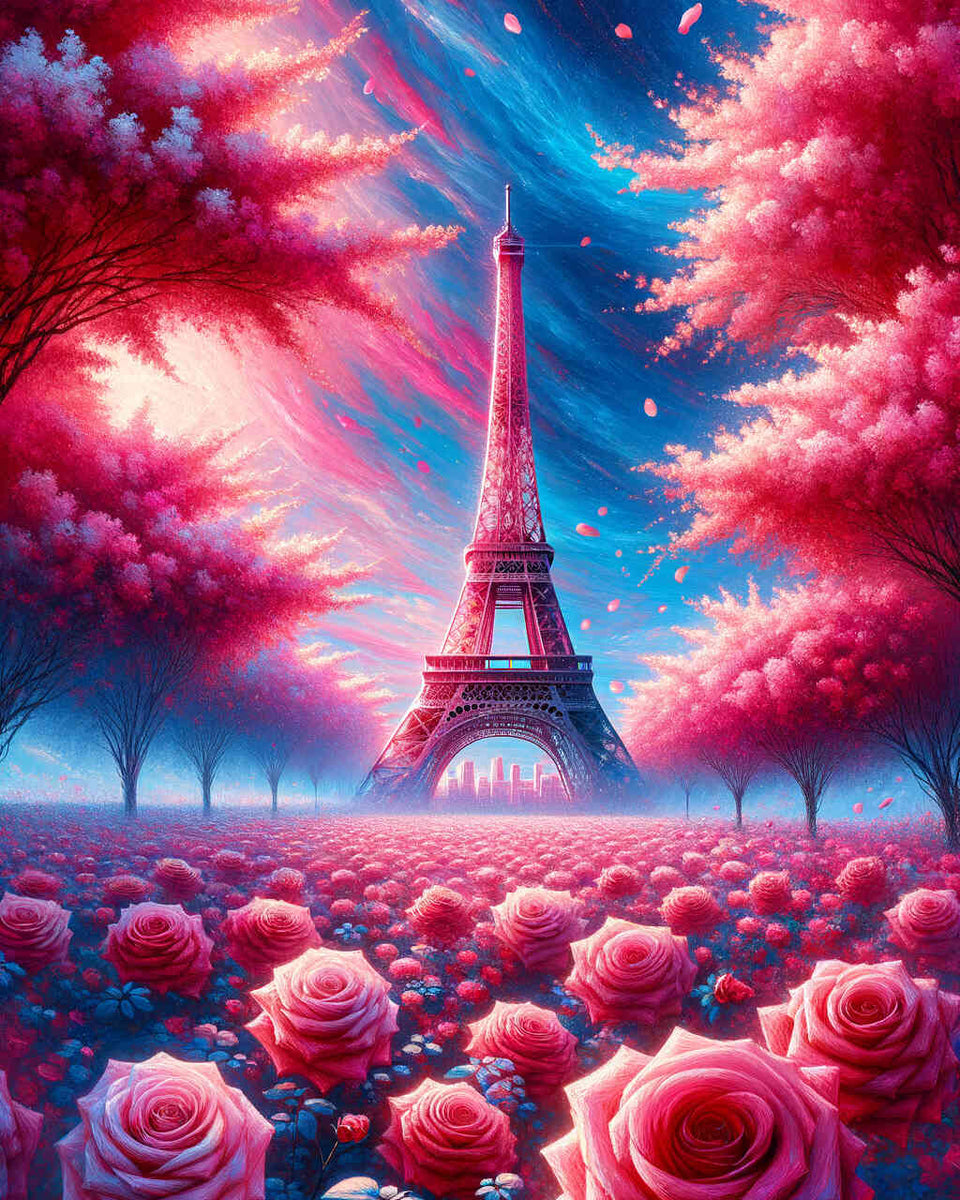 Eiffel Tower in rose blossom splendor — Diamond Painting Kit design