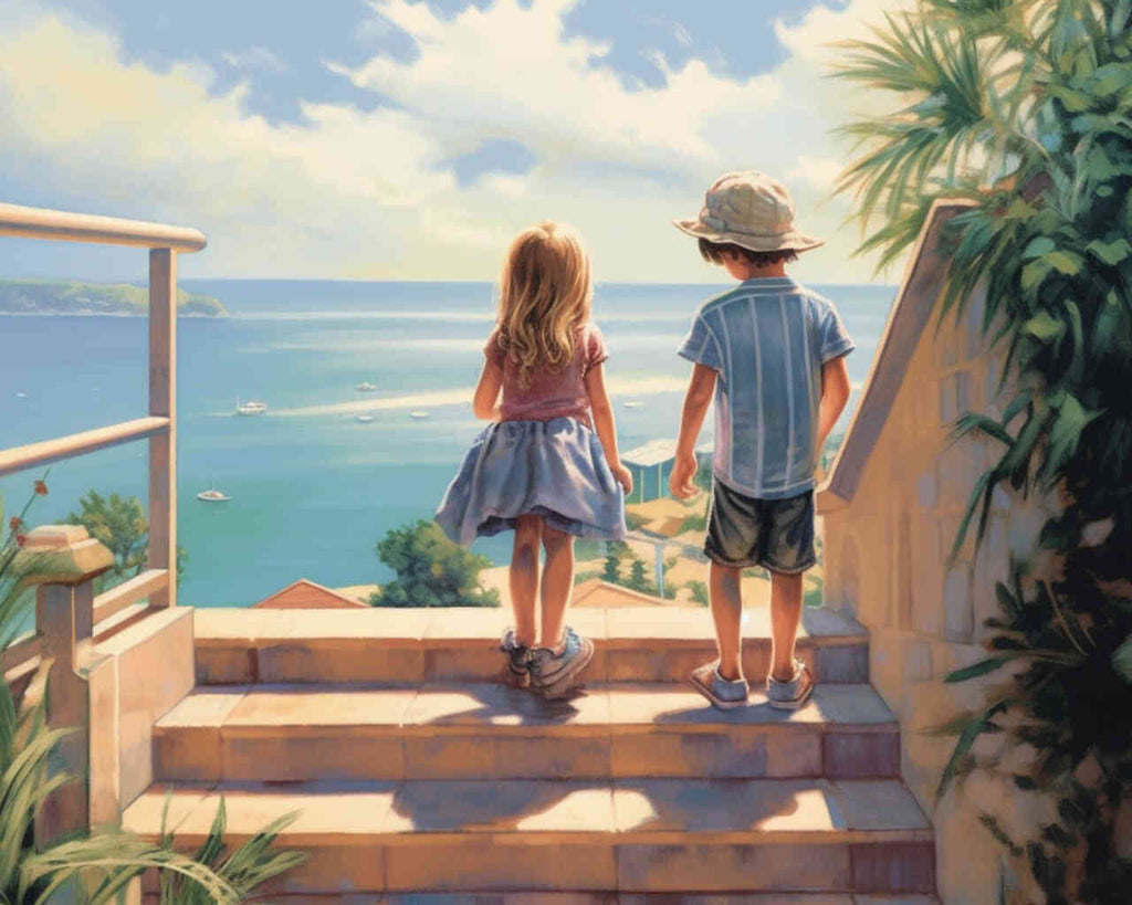 Two children gazing at an azure sea, representing peace, harmony, and the Mediterranean in a DIY diamond painting titled "Longing for Infinity".