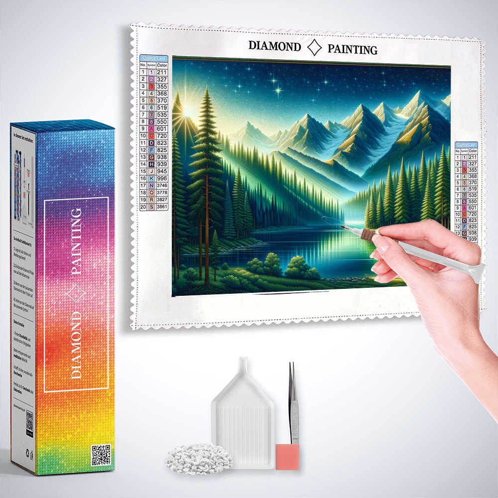 Mountains and the Woodland Lake — Diamond Painting Kit, product view 3