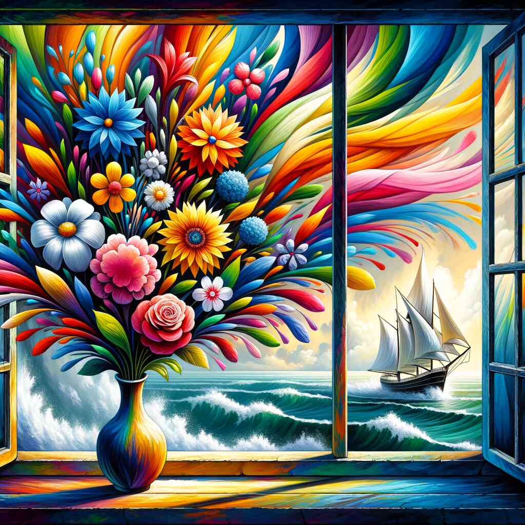 Colorful vase of flowers with rainbow background and sailing ship on choppy seas, symbolizing adventure and joy of life