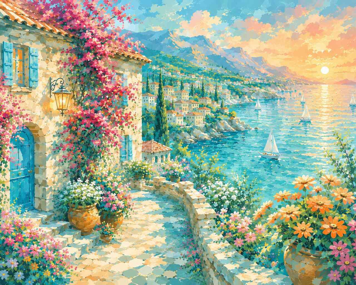 Sunlit Mediterranean Village — Diamond Painting Kit design