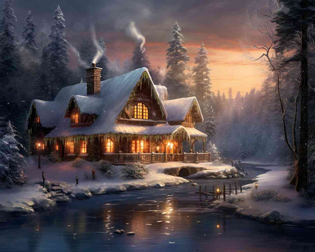 Log cabin in winter with warm lights, smoky chimneys, and reflecting frozen river under an orange and purple dusk sky