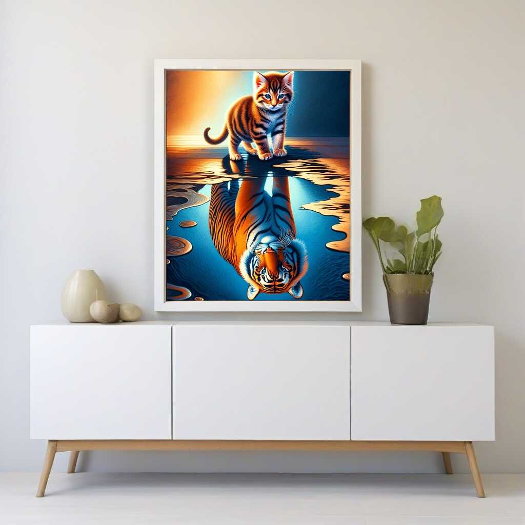 Small cat big tiger reflection — Diamond Painting Kit, product view 2