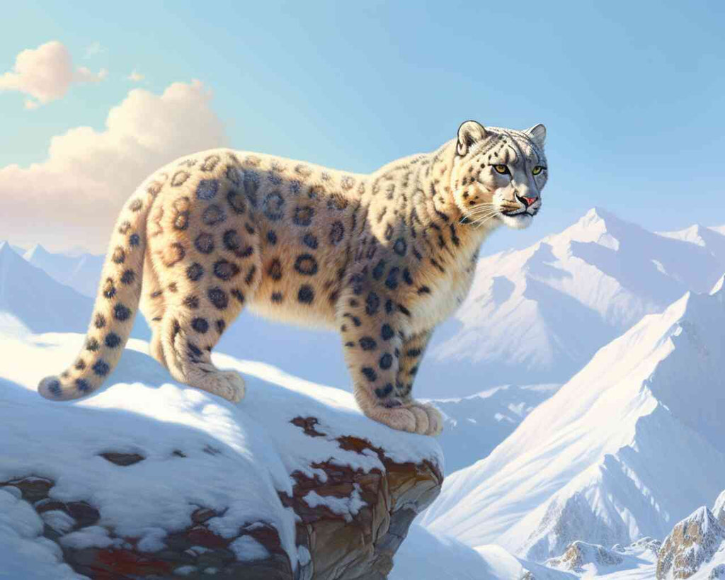 Majestic snow leopard on snow-covered cliff, surrounded by rugged mountain peaks and glowing sky, embodying strength and grace in the wild.