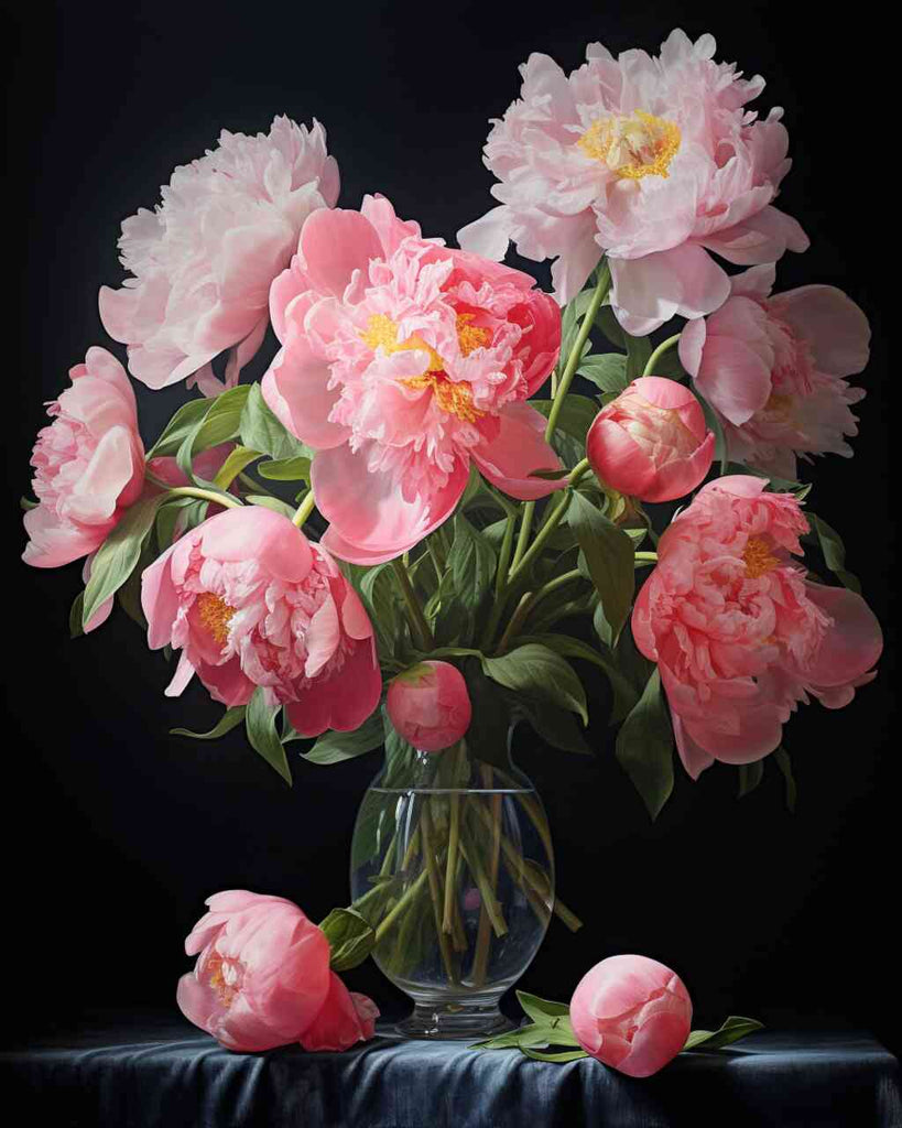 Pink peonies in a glass vase against a black background, part of the DIY Diamond Painting collection titled "Flower magic in midnight".