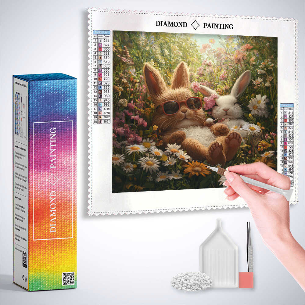 Bunnies Sunbathing in the Flowers — Diamond Painting Kit, product view 3