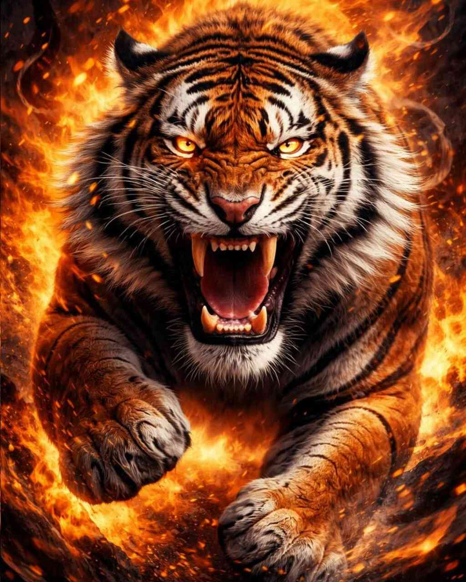 Tiger Unleashed in Fire — Diamond Painting Kit design