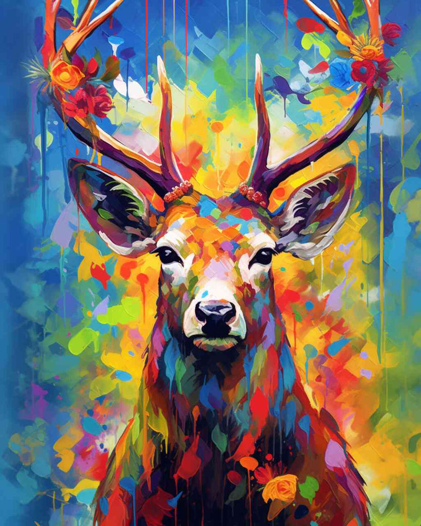 DIY diamond painting of a colorful forest with a stag, its antlers blooming like a vibrant bouquet, in an expressionistic and magical style