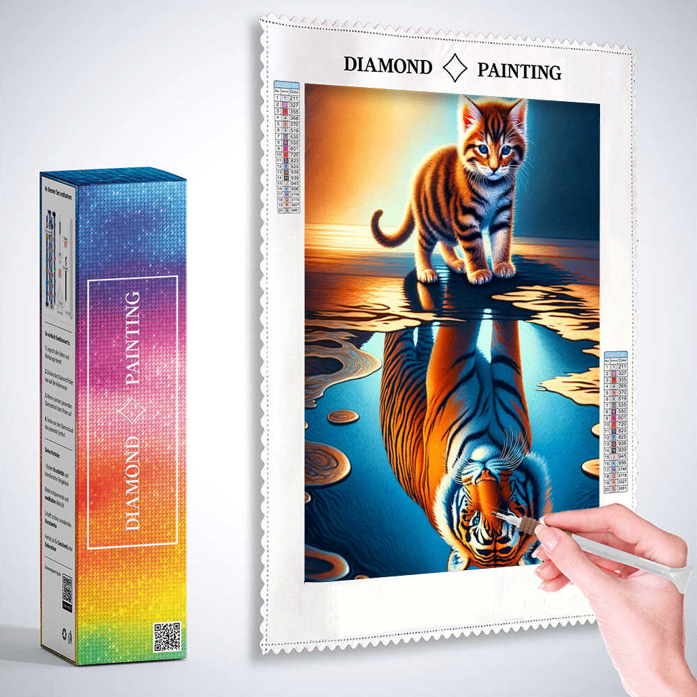 Small cat big tiger reflection — Diamond Painting Kit, product view 3