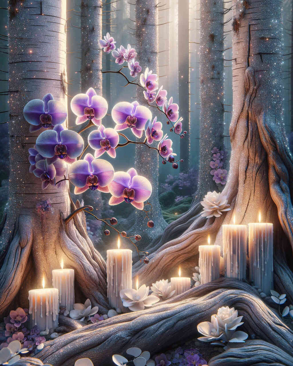 Tree trunks and orchids — Diamond Painting Kit design