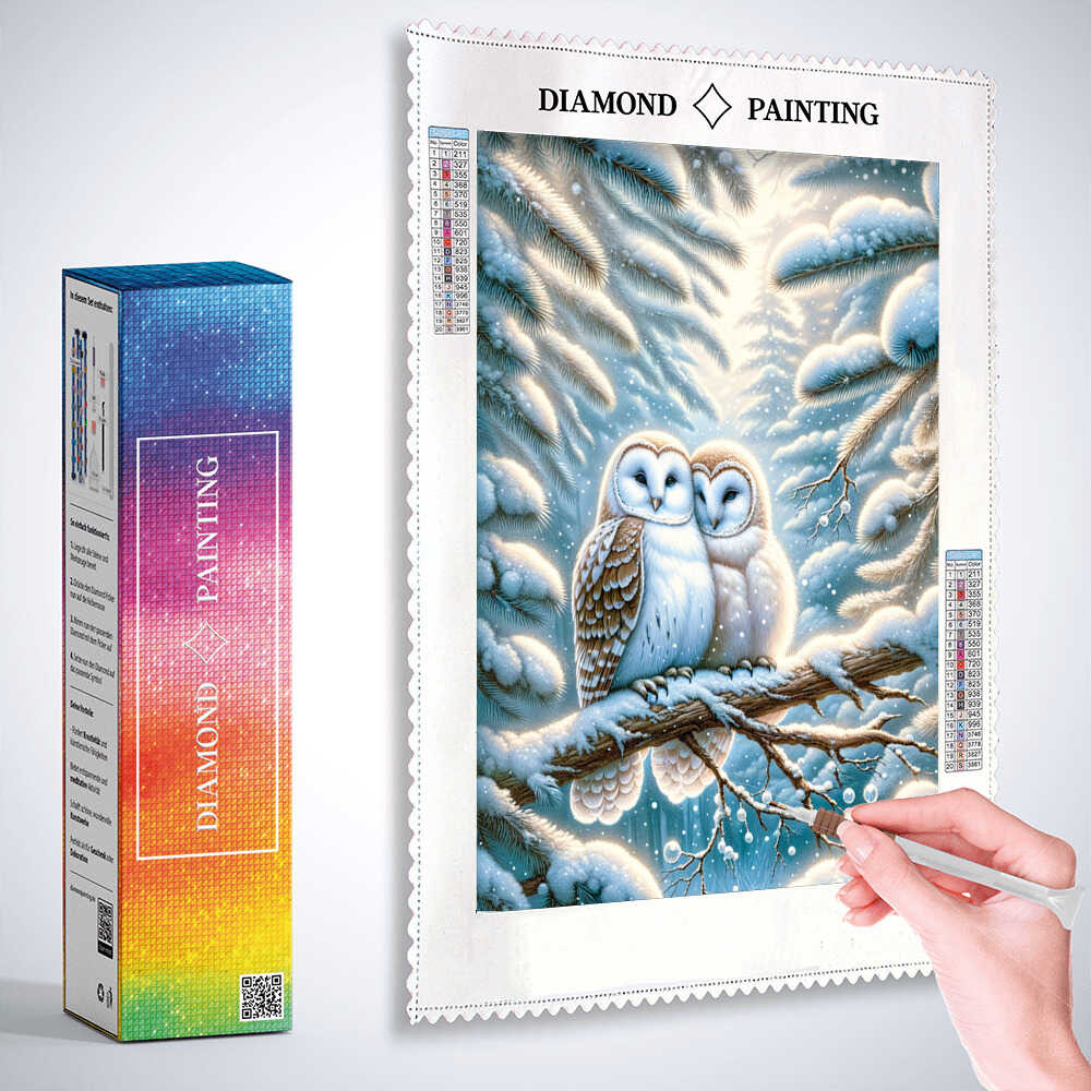 Pair of owls on a fir branch — Diamond Painting Kit, product view 2