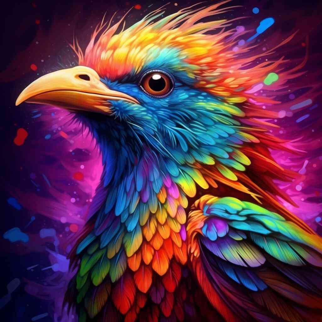 Phoenix of Colour DIY Diamond Painting - Vibrant, multicoloured mythical bird with expressionist style feathers on a modernist background.