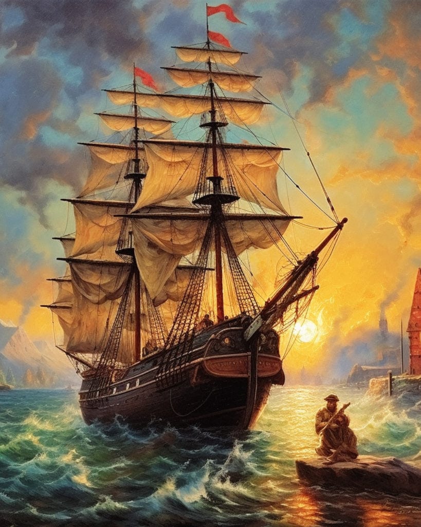 Ship at sunrise, rough sea — Diamond Painting Kit design