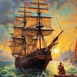 Ship at sunrise, rough sea — Diamond Painting Kit design