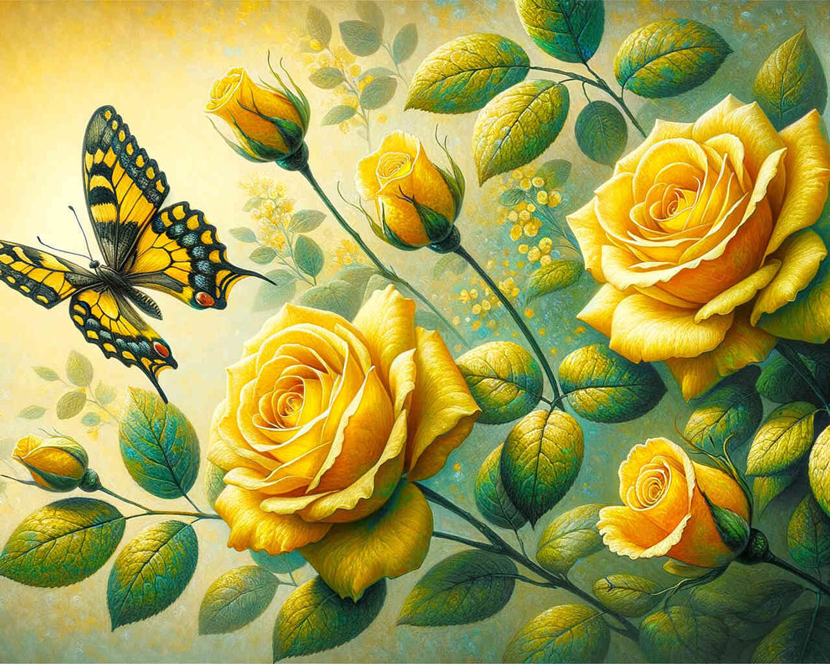 Two Yellow Roses and a Butterfly — Diamond Painting Kit design