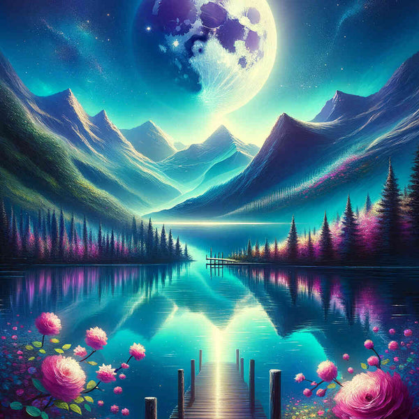Mountains by the lake in the moonlight — Diamond Painting Kit design