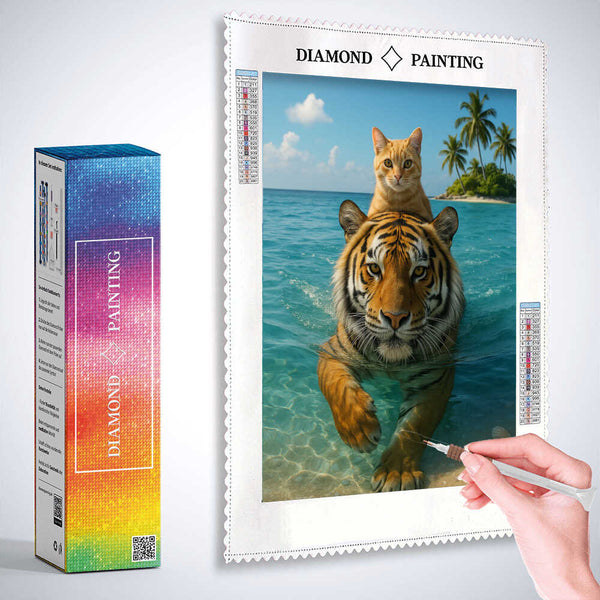 Cat swimming on tiger through the sea — Diamond Painting Kit, product view 3