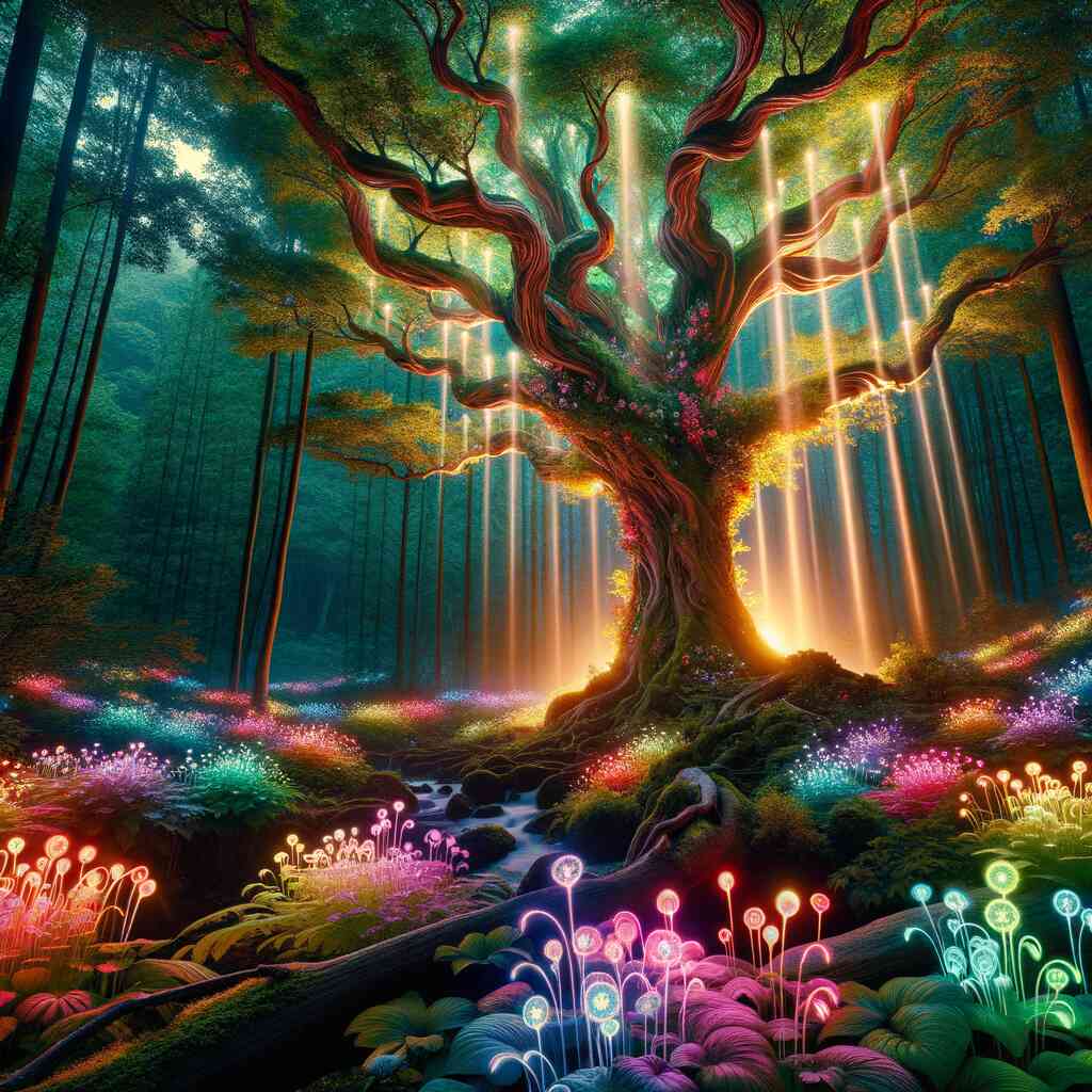 DIY diamond painting of a glowing tree in an enchanted forest with vibrant colors and mystical light effects, creating a magical atmosphere.