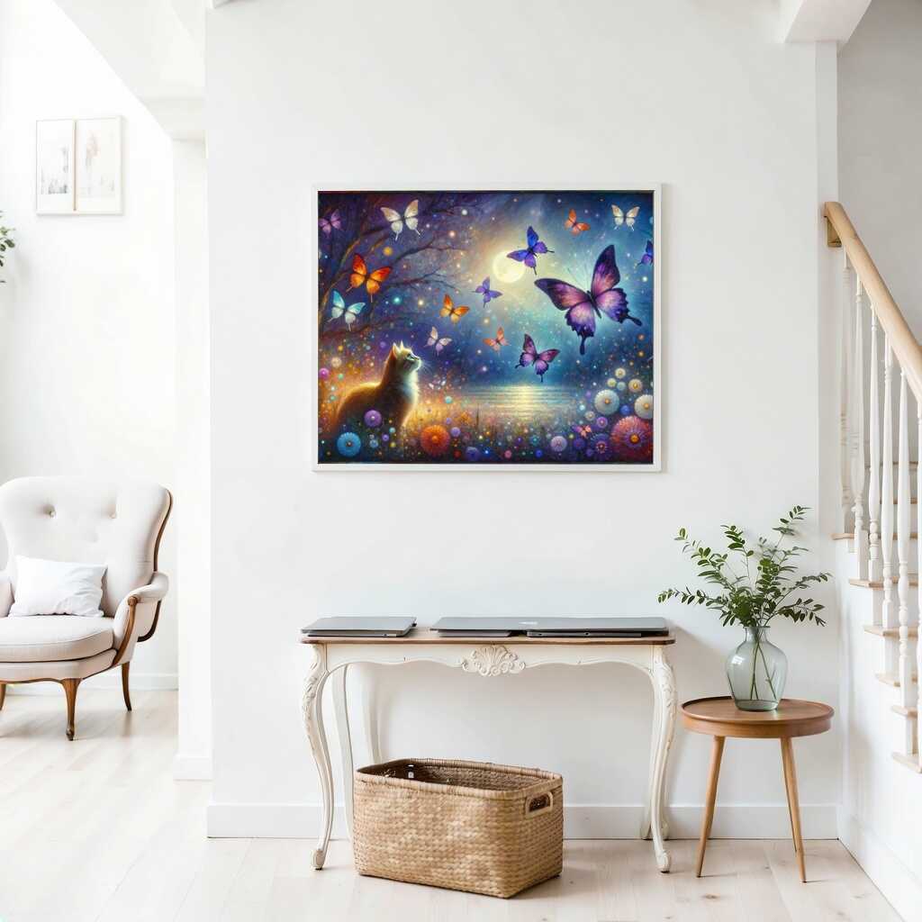 Cat marvels at colorful butterfly — Diamond Painting Kit, product view 2