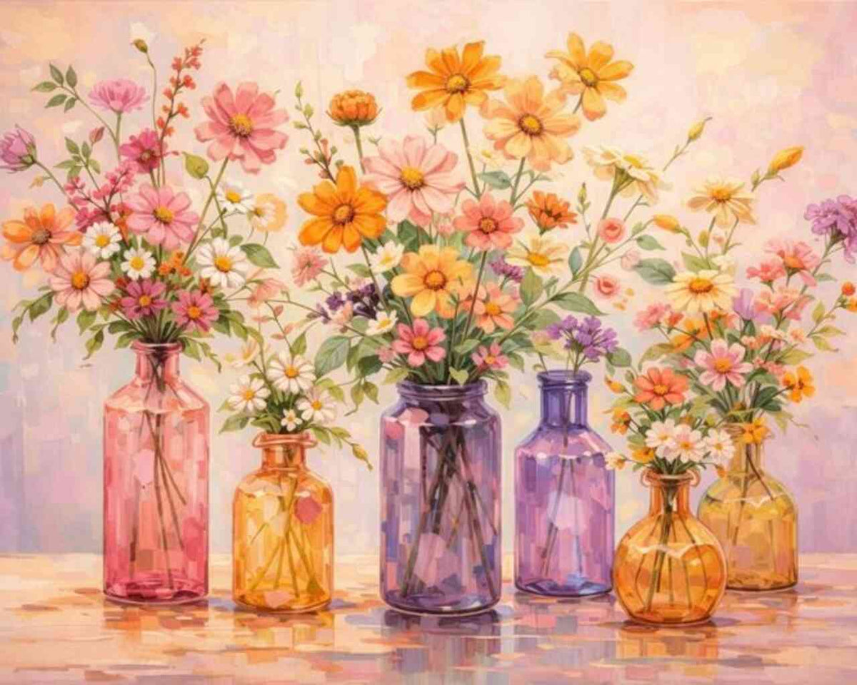 Sunlit Flowers in Colorful Vases — Diamond Painting Kit design