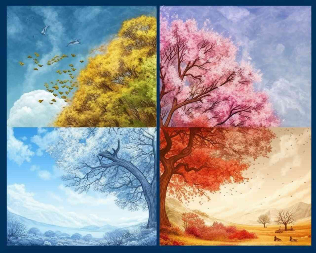 DIY diamond painting depicting four seasons with vibrant colors - pink blossoms in spring, golden yellow in summer, fiery autumn red, and winter blues.