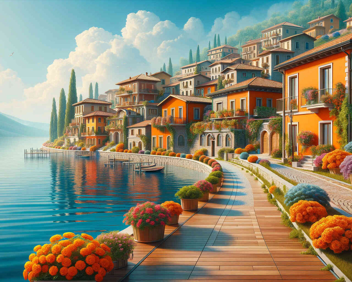 Mediterranean village by the lake — Diamond Painting Kit design