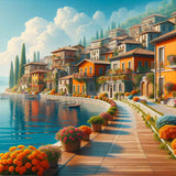 Mediterranean village by the lake — Diamond Painting Kit design